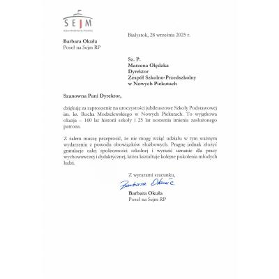 List pani Barbary Okuły, posłanki Rzeczypospolitej Polskiej