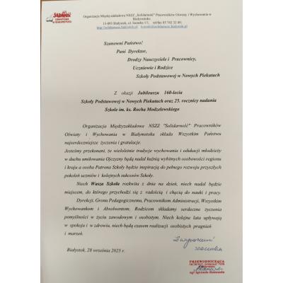 List od Agnieszki Rzeszowskiej, przewodniczącej NSZZ 