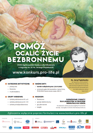 Zdjęcie do artykułu XVIII Ogólnopolski Konkurs dla Młodzieży „Pomóż ocalić życie bezbronnemu” o nagrodę im. bł. ks. Jerzego Popiełuszki